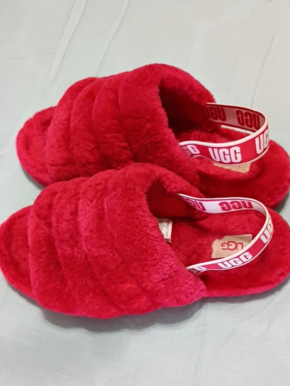 UGG Red Plush Slide Sandal with Branded Heel Strap